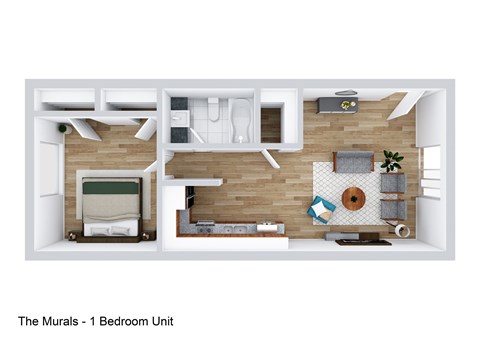 A bedroom unit with a bed, desk, and chair.
